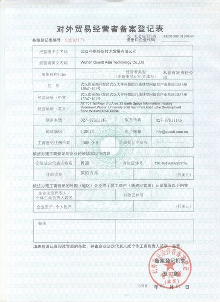 China Wuhan Questt ASIA Technology Co., Ltd. certificaciones